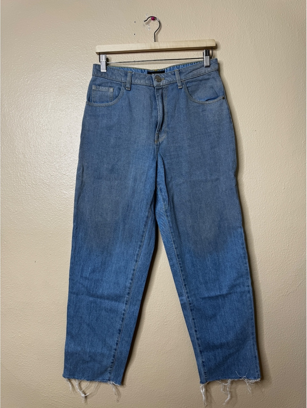 Pinko Maddie High Rise Barrel Leg Jeans Women’s 29 Blue Sparkle Raw Hem Denim